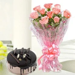 10 Pink Roses & Chocolate Cake