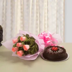 Chocolate Cake with 6 Pink Roses Bunch
