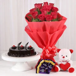 Roses With Teddy Bear Dairy Milk & Truffle Cake